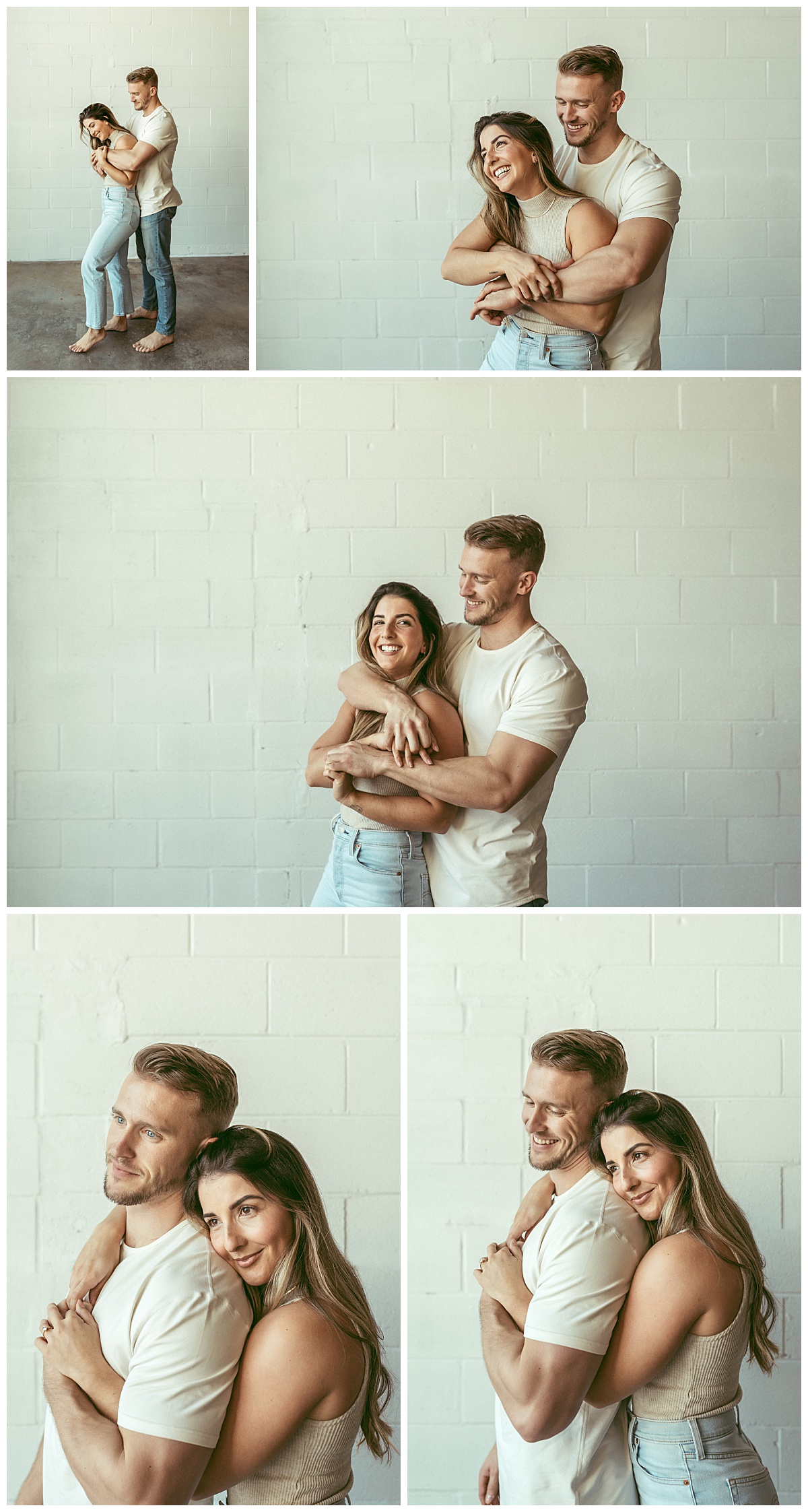 man hugs woman front behind during couples session