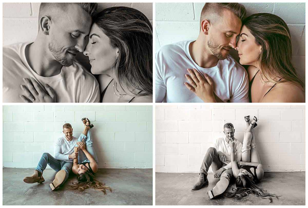 fiancés touch foreheads with eyes closed by Virginia Beach photographer