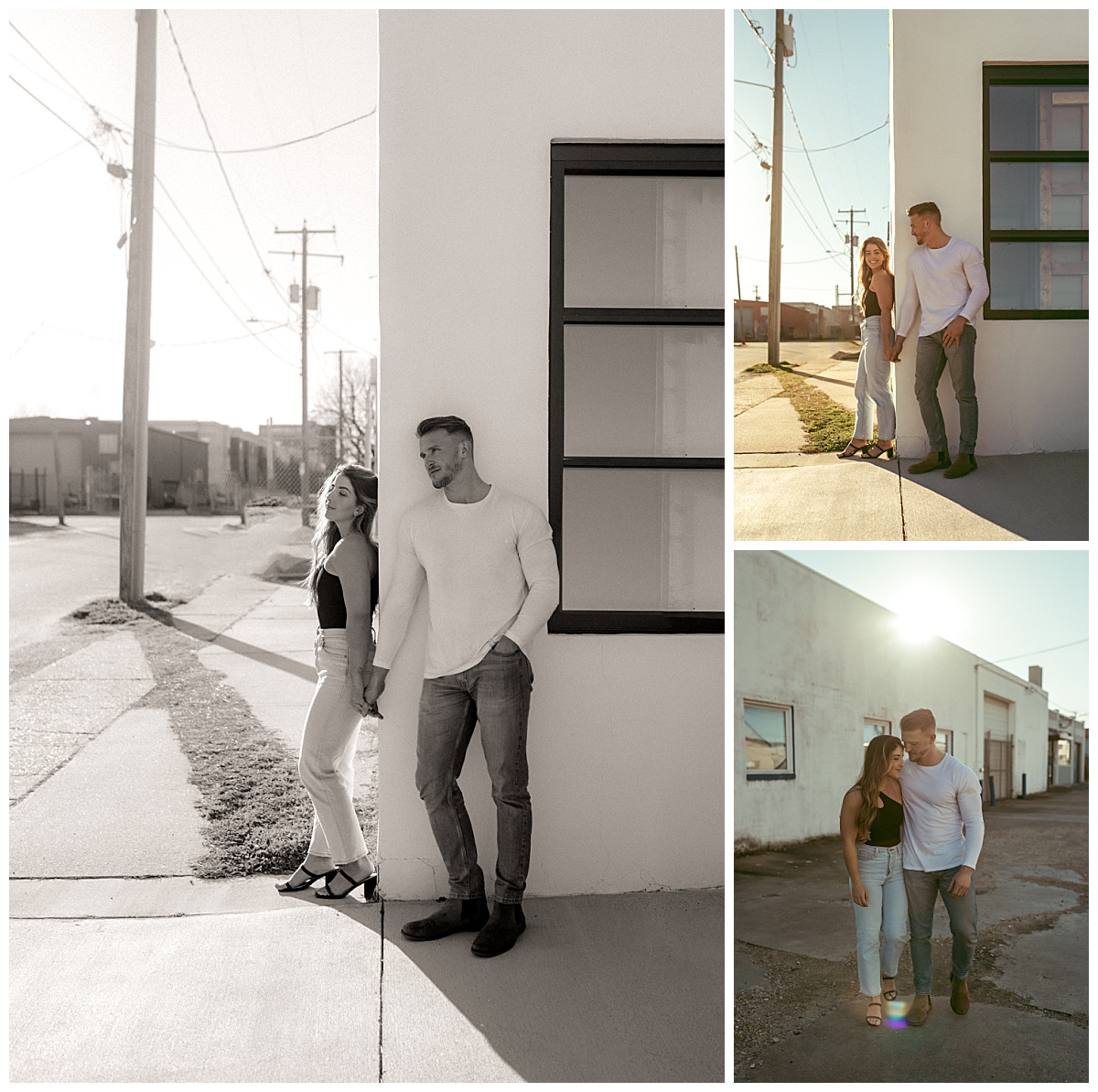 man and woman hold hands while leaning against building during couples session