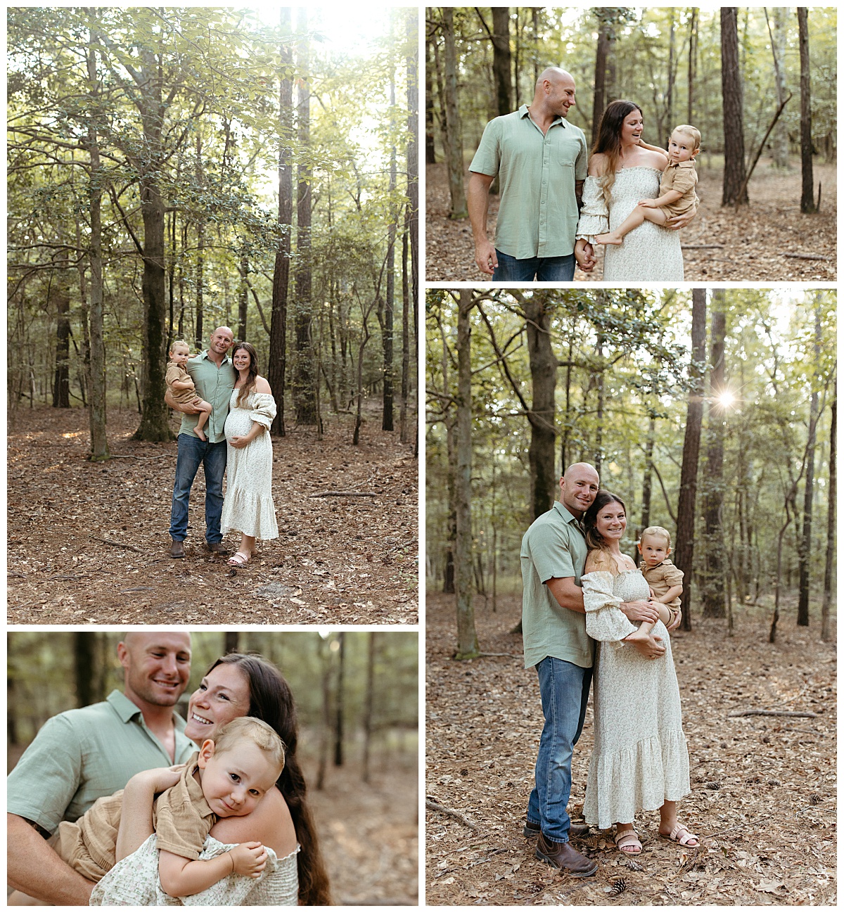 parents and son snuggled together in clearing in woods during maternity session