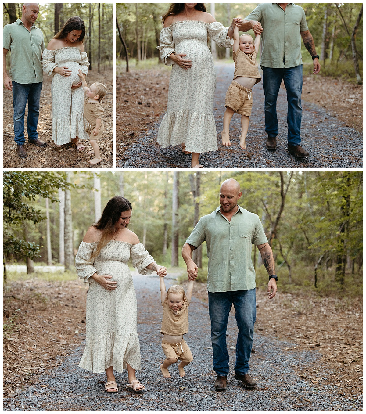 mom and dad lift son while walking on a  path by Virginia Lifestyle Photographer