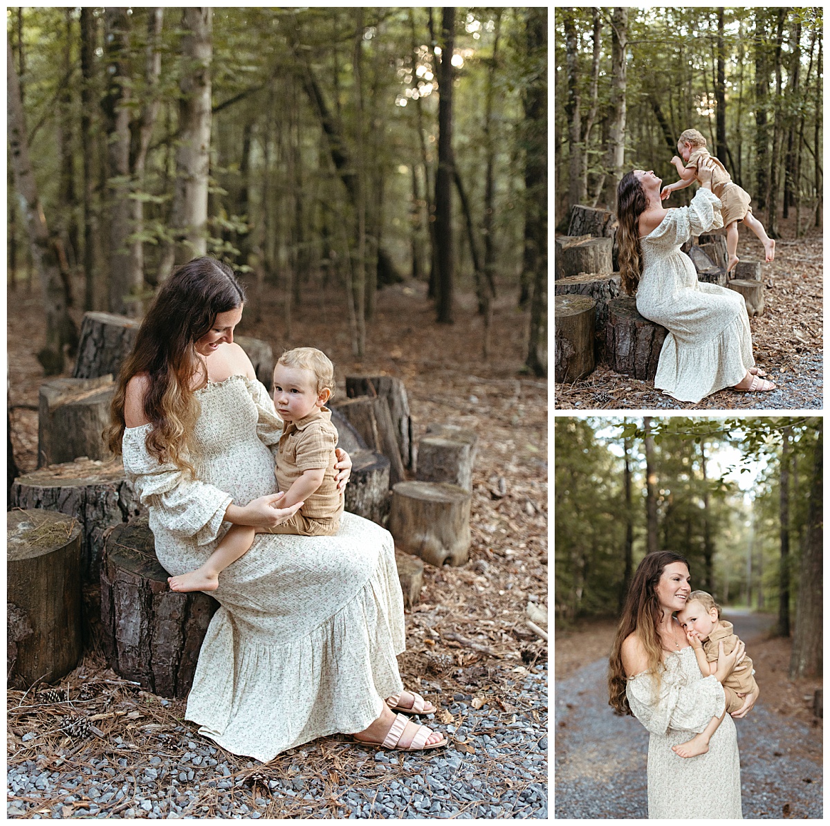 mom holds toddler in lap and lifts him in the air at maternity session