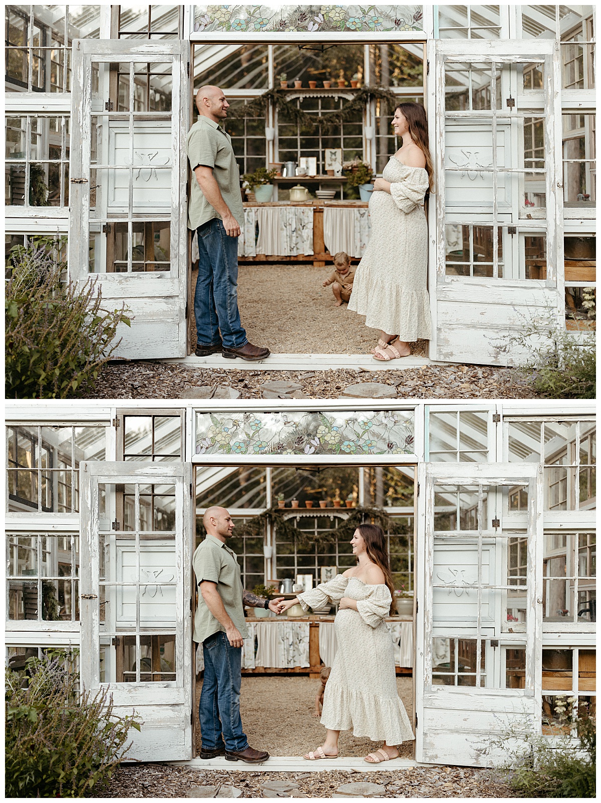 parents look at each other in a doorway at maternity session