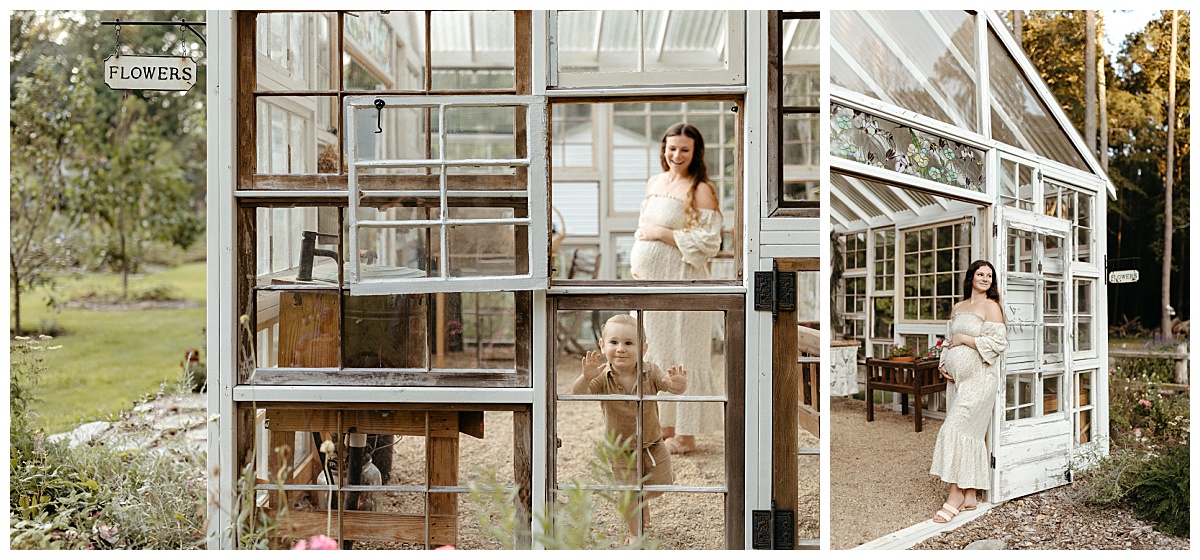 woman holds belly in door of greenhouse by Nikki Meer Photography