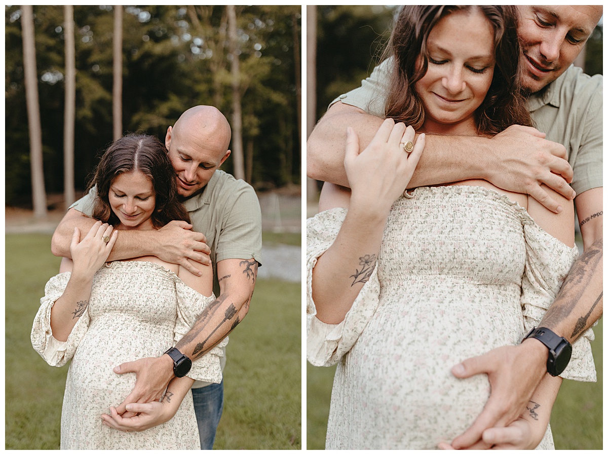 dad wraps arms around mom's growing belly at maternity session