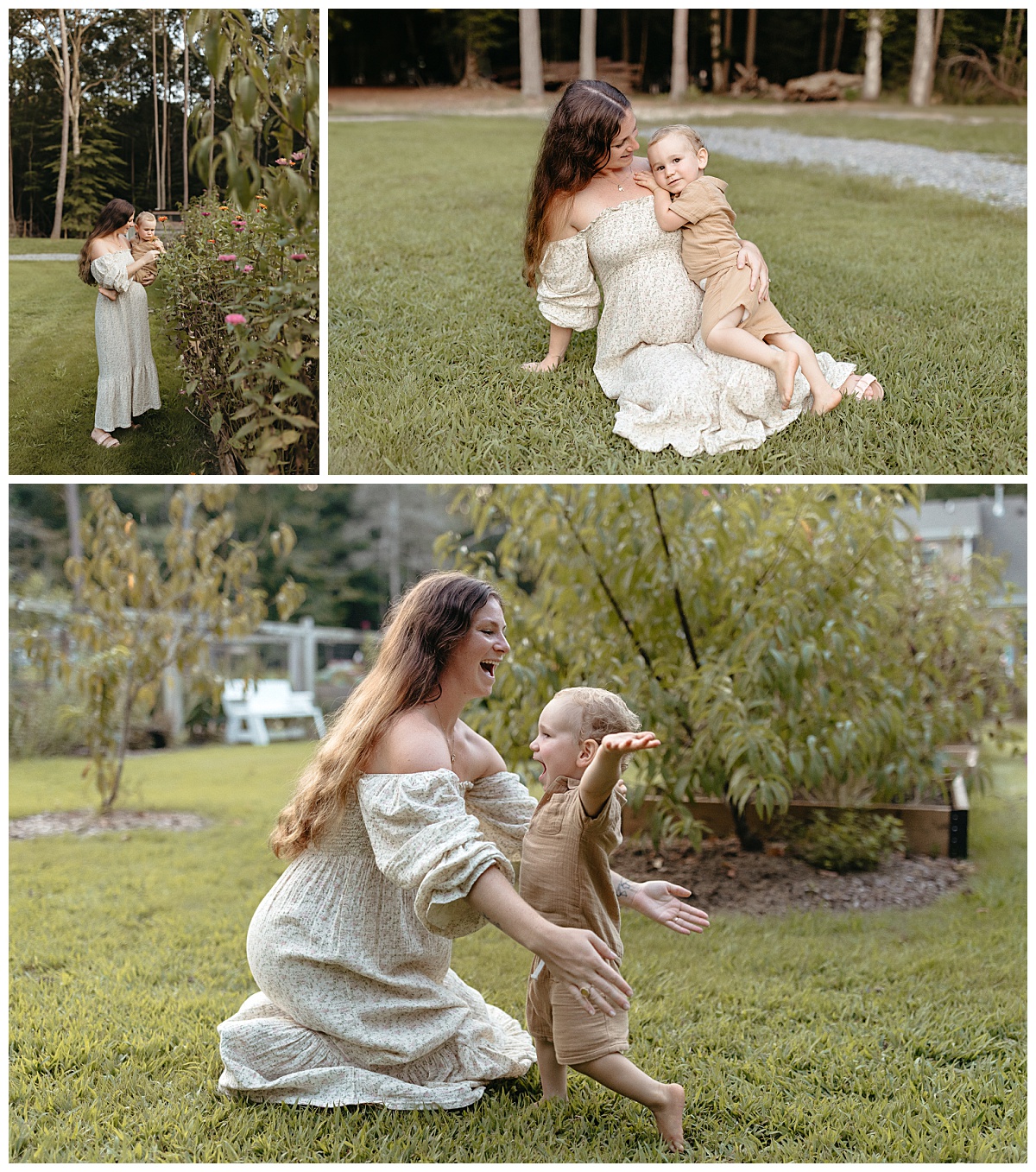 small boy lays on pregnant mom while lounging in grass by Virginia Lifestyle Photographer