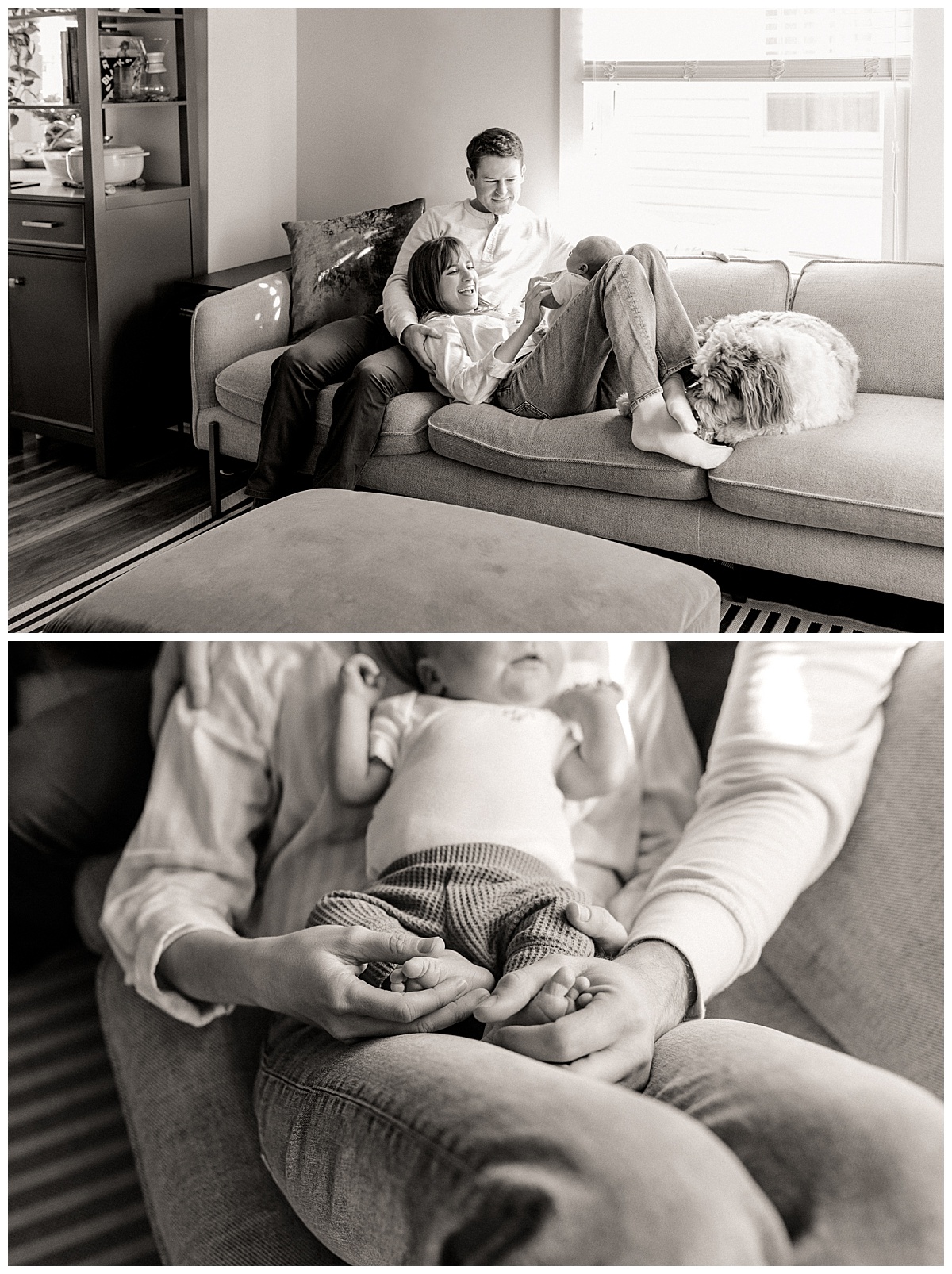 child lays on mom's stomach during in-home newborn lifestyle session