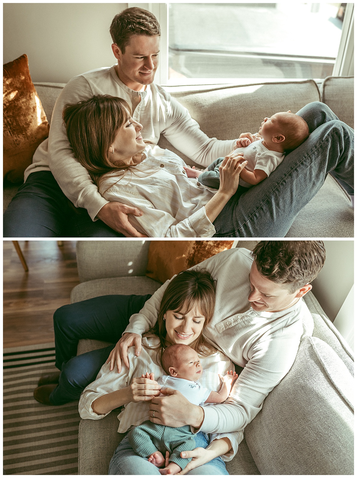 mom holds baby in lap while she leans on dad by Virginia Beach photographer