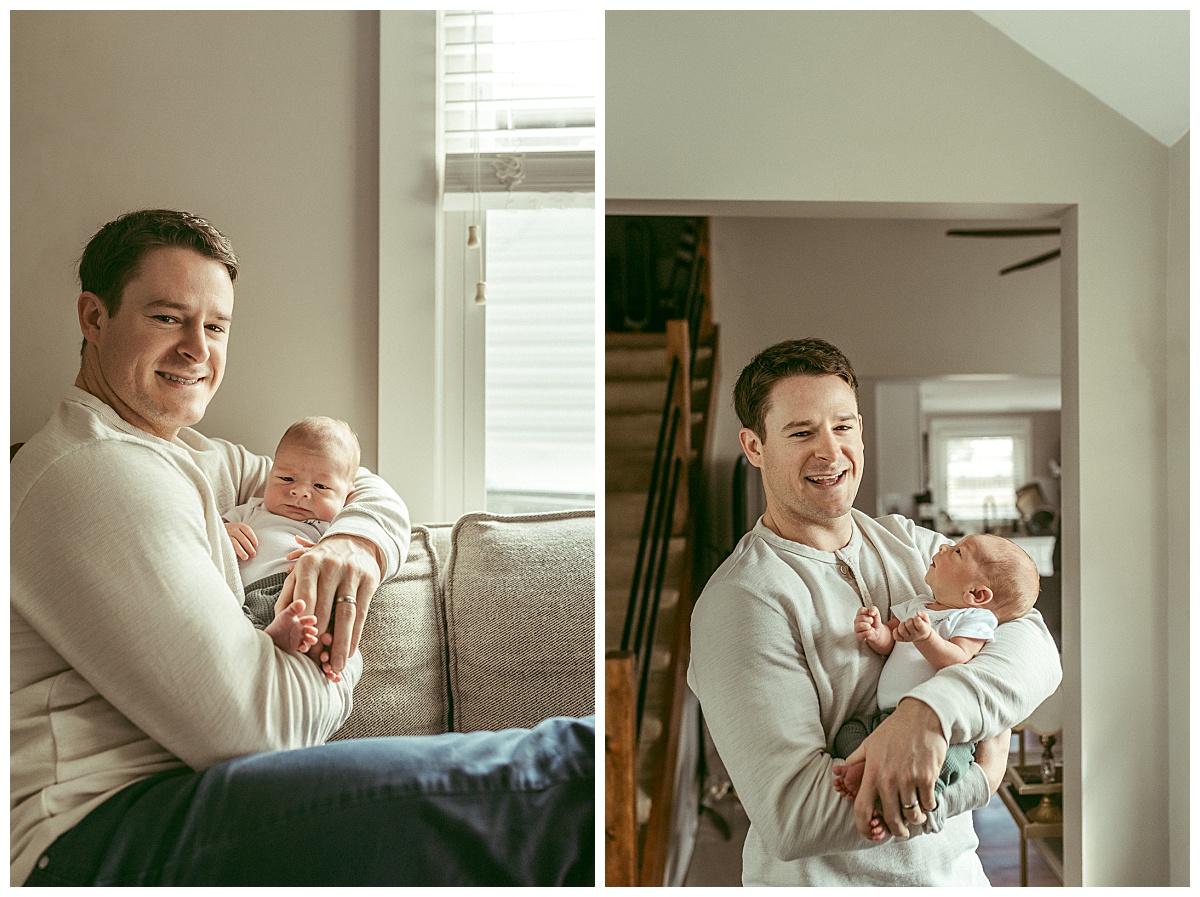 father holds baby during in-home newborn lifestyle session