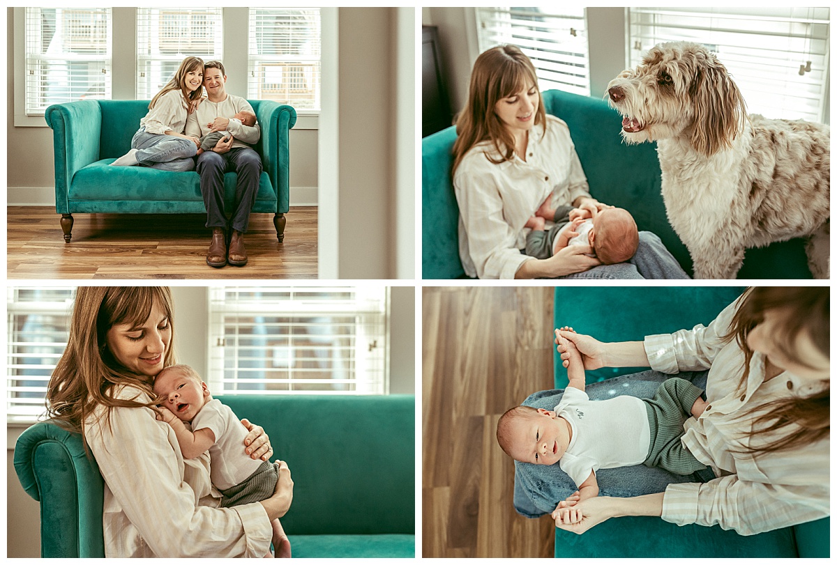 mom sits on couch with new baby and family dog by Virginia Beach photographer