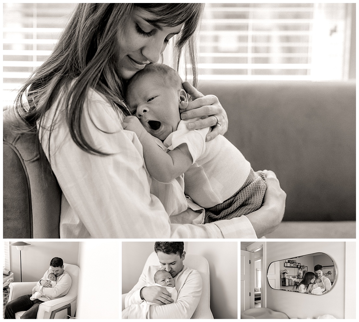 new parents snuggle infant during in-home newborn lifestyle session