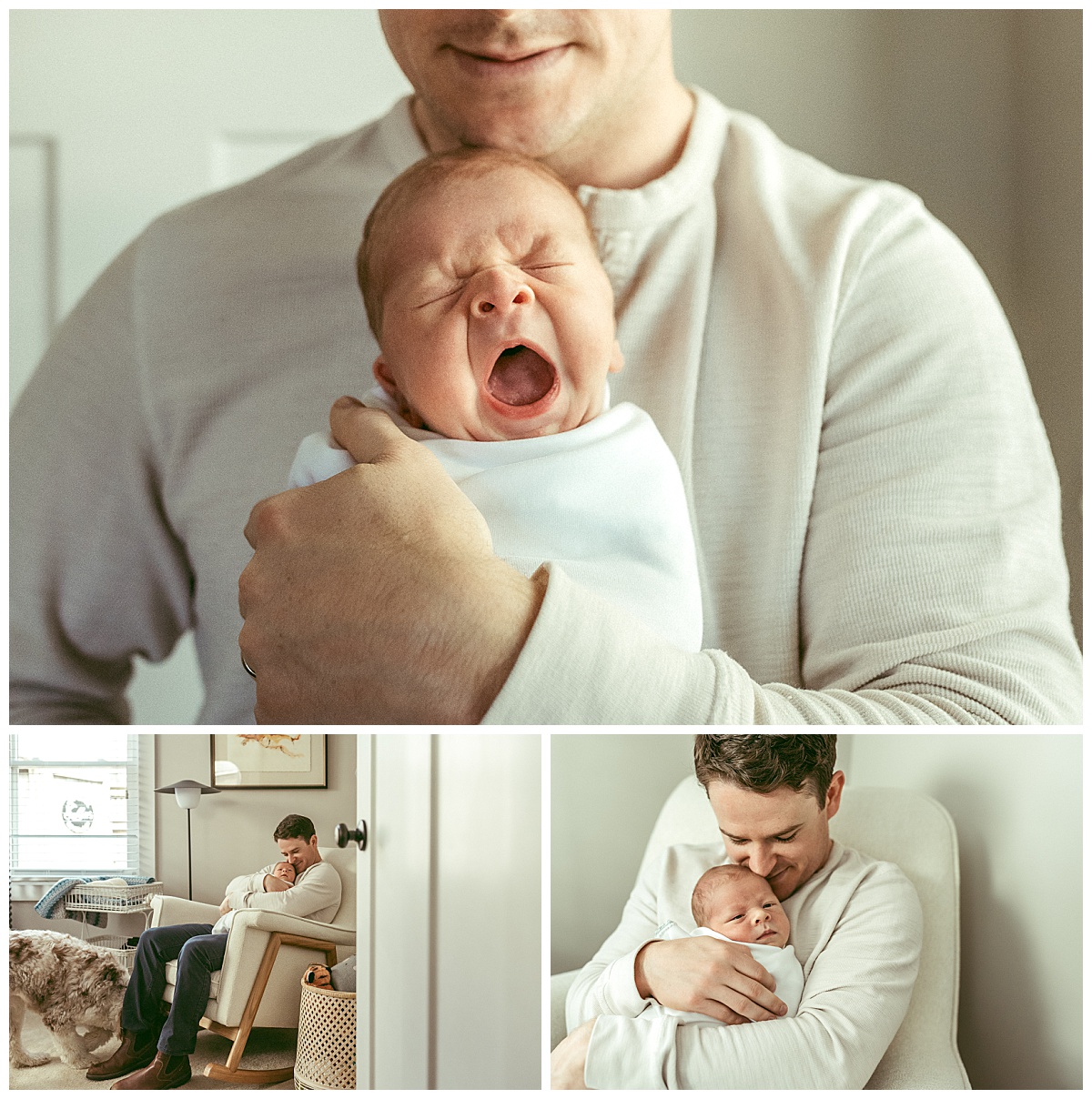 swaddled baby yawns in dad's arms by Virginia Beach photographer