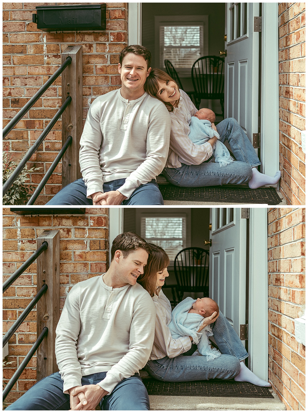 family sits on front steps during in-home newborn lifestyle session