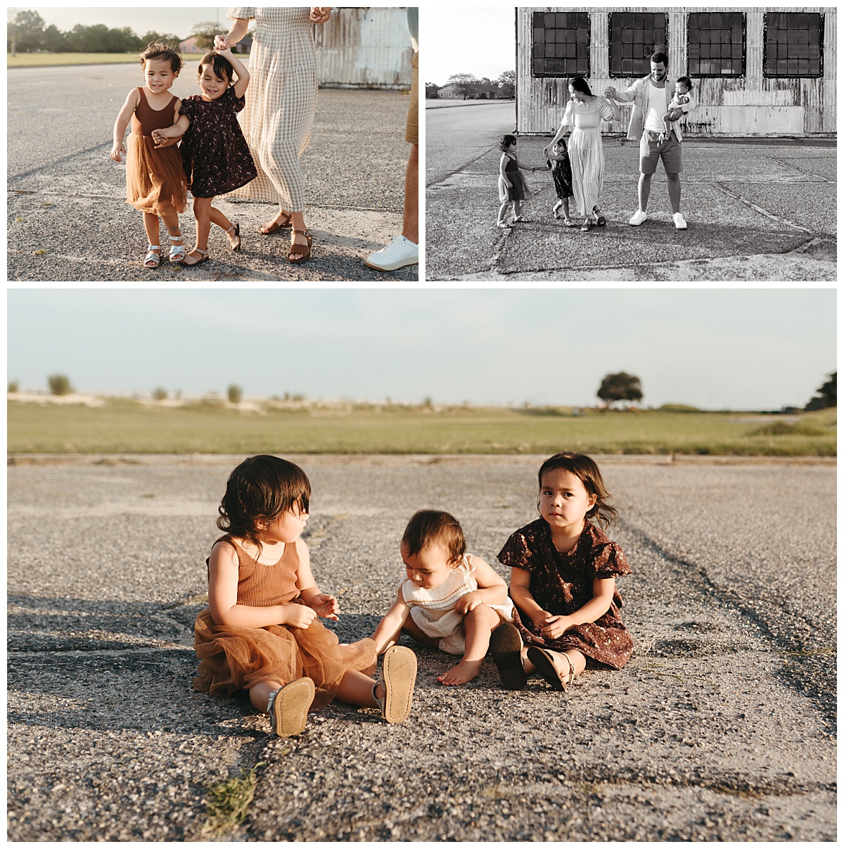 sisters sit in a row on blacktop by Nikki Meer Photography