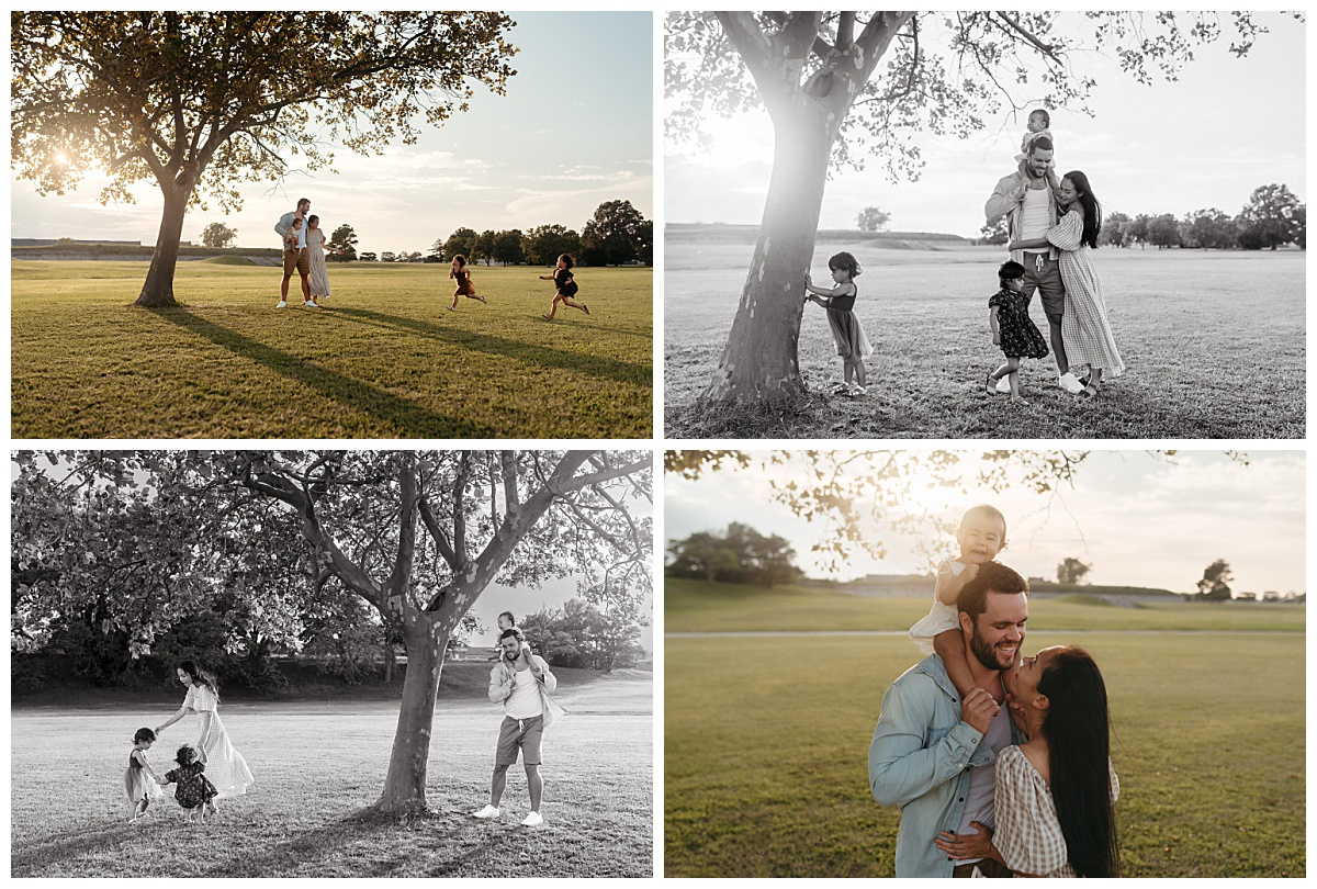 loved ones play together under tree in large field during family lifestyle session