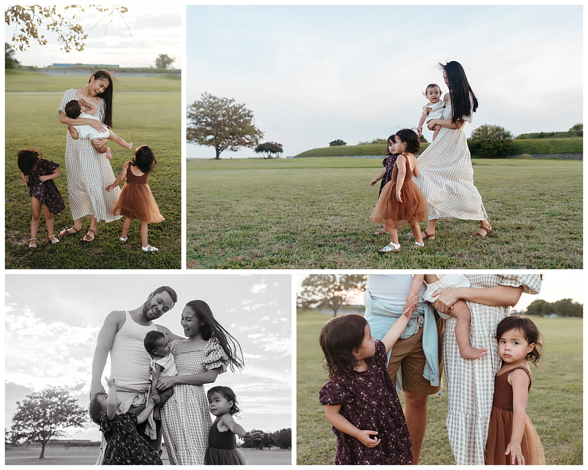 girls father around their mother as they twirl during family lifestyle session