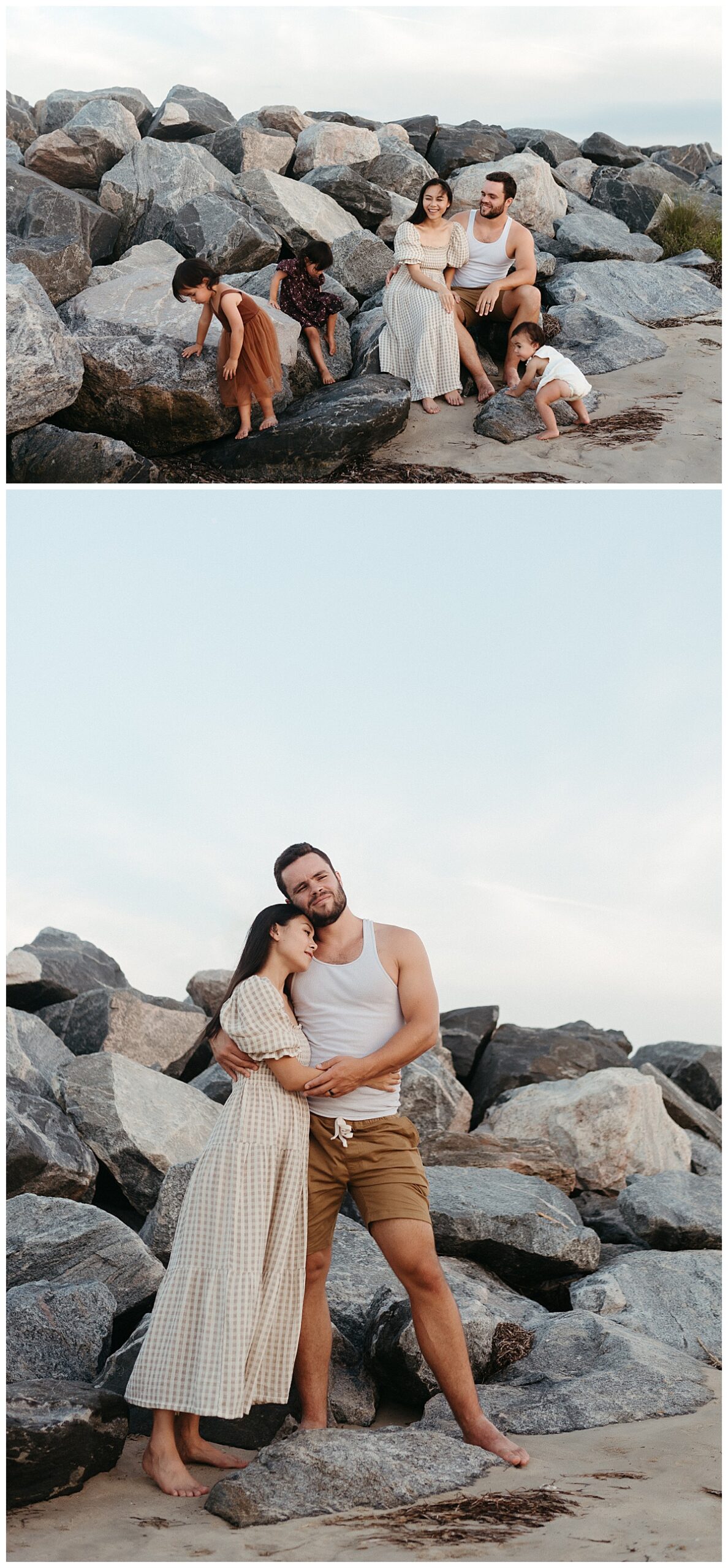 woman rests head on man as he hugs her by Virginia Beach photographer