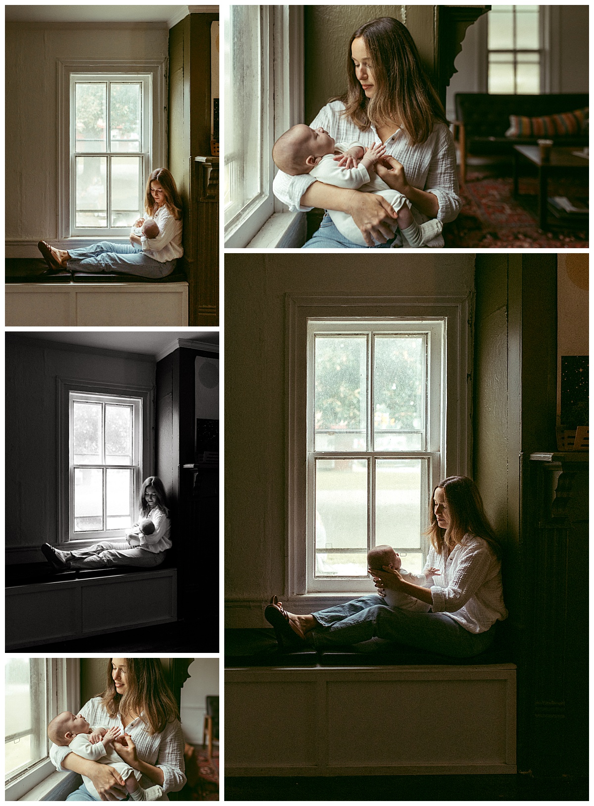 woman sits in window sill looking down at child during motherhood session