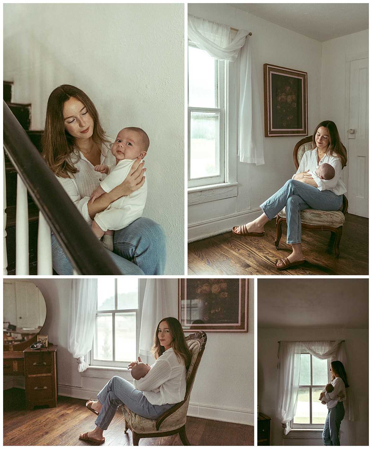 mom and infant sit on stairs by Nikki Meer Photography