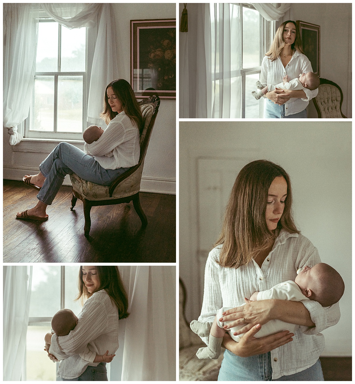 woman sits in chair near window with lots of light as she holds a child during motherhood session