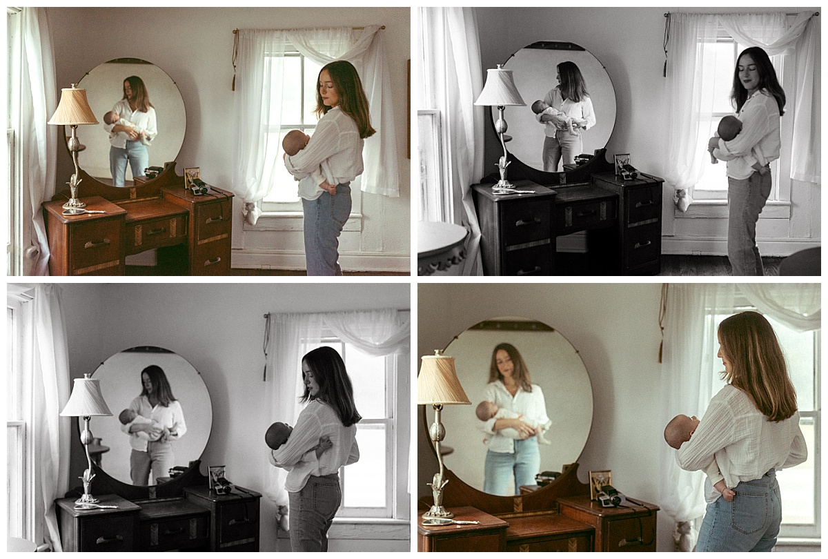 mom holds baby in front of mirror by Virginia Beach Photographer