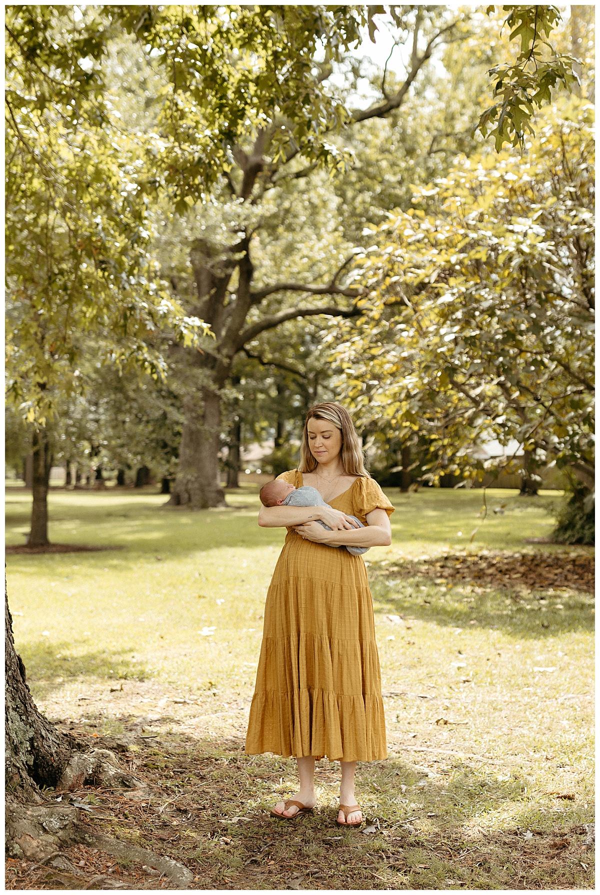 mother holds swaddled boy under a tree by Virginia Beach Photographer