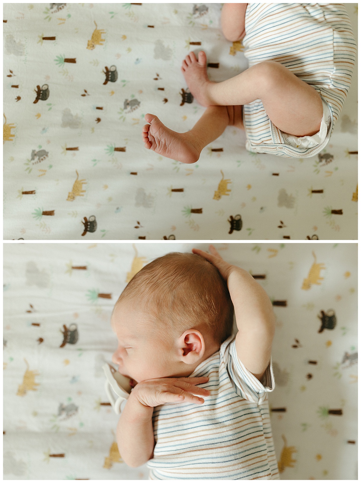 baby boy sucks on pacifier with hands on head by Nikki Meer Photography