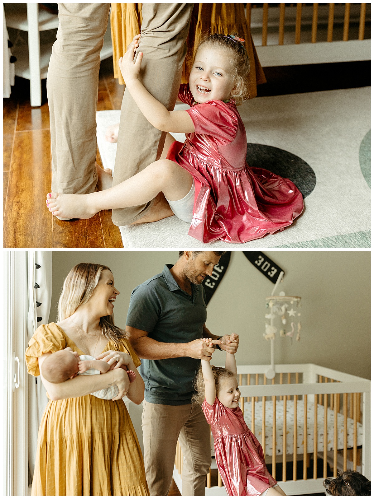 girl holds onto dad's leg as she grins during in-home newborn family session