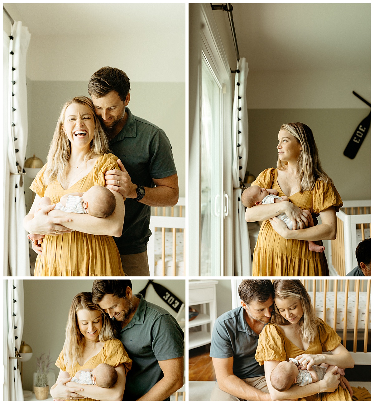 mom and dad laugh together in nursery with new son by Virginia Beach Photographer