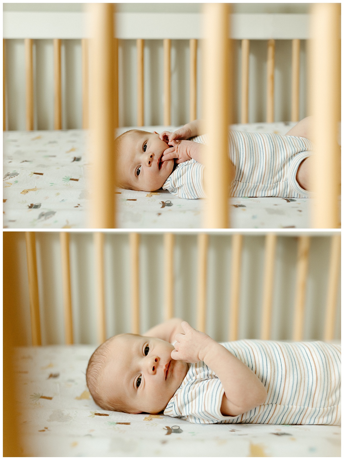 infant puts fingers in his mouth while laying in crib by Virginia Beach Photographer