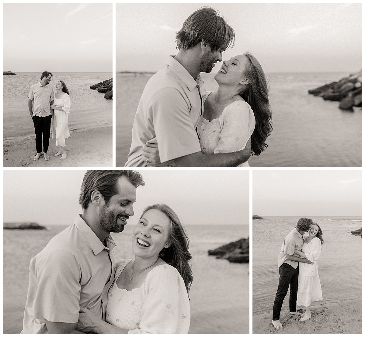 couple hugs and laughs together along shore by Nikki Meer Photography