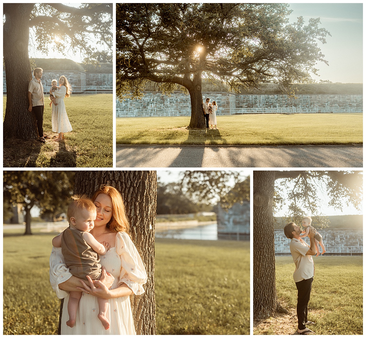 parents hold newborn son by tree during golden hour at a family session