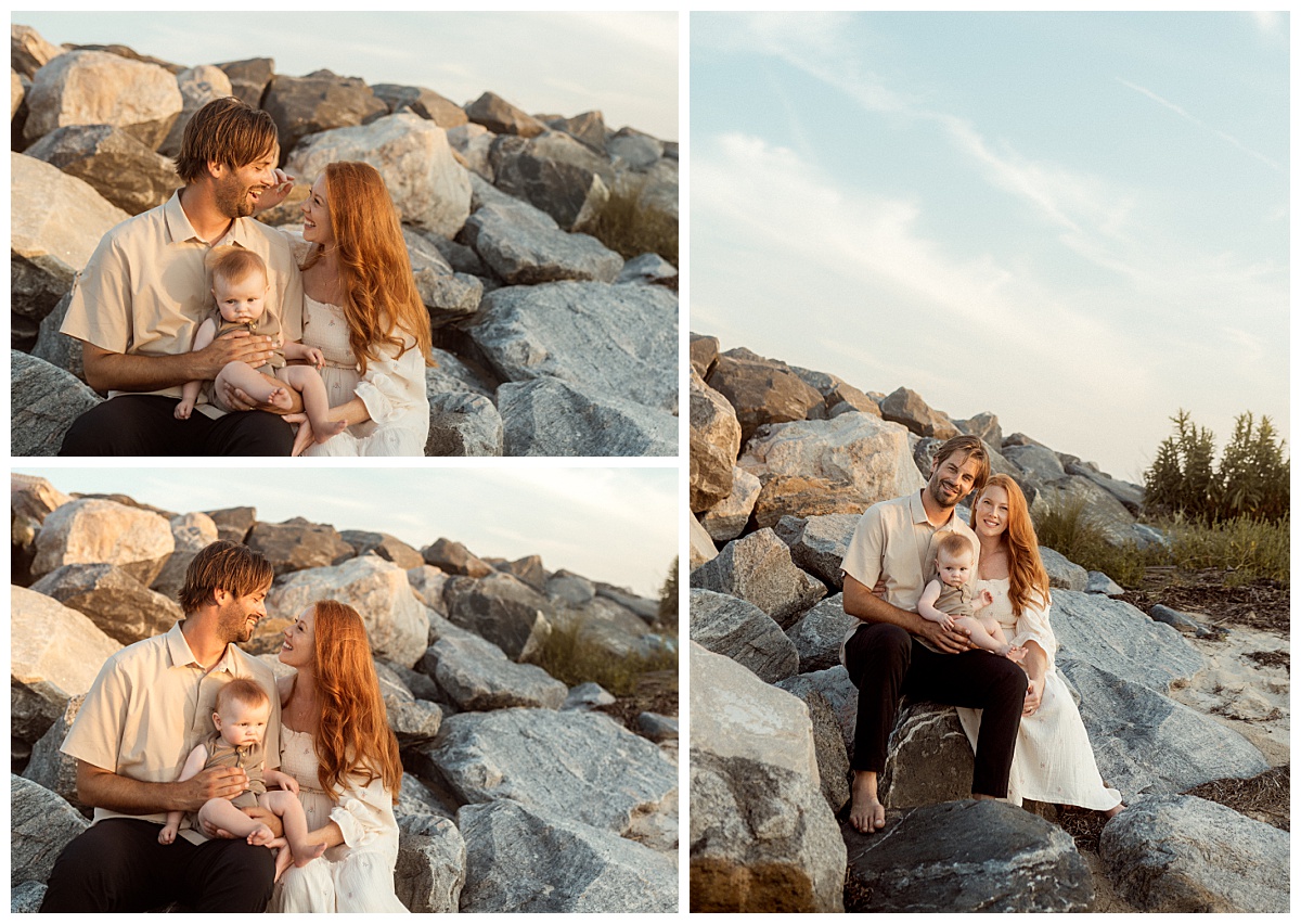 couple sits on rocks with their son by Virginia Beach photographer