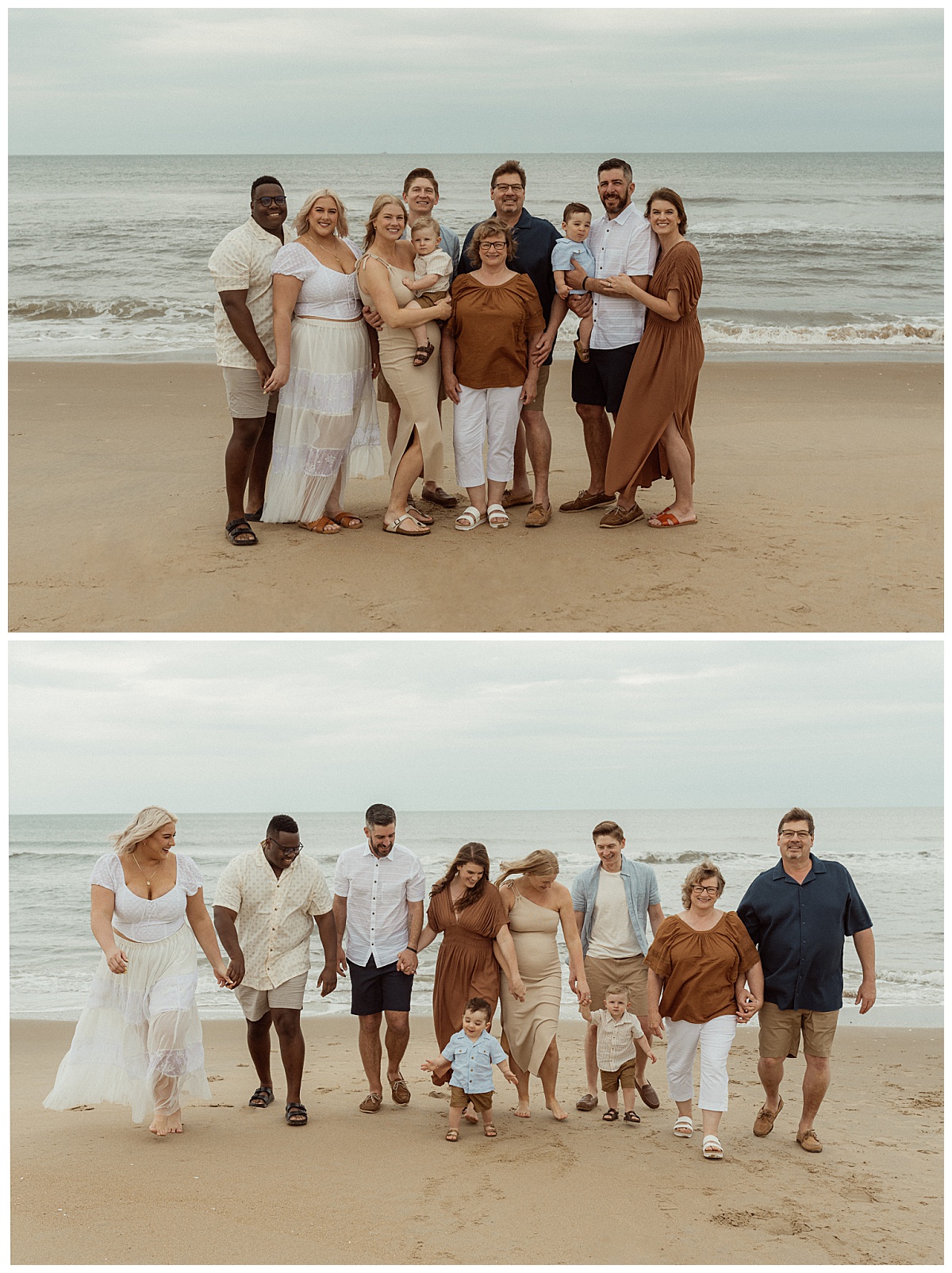 grandparents, parents, and children walk on sand by Virginia Beach photographer