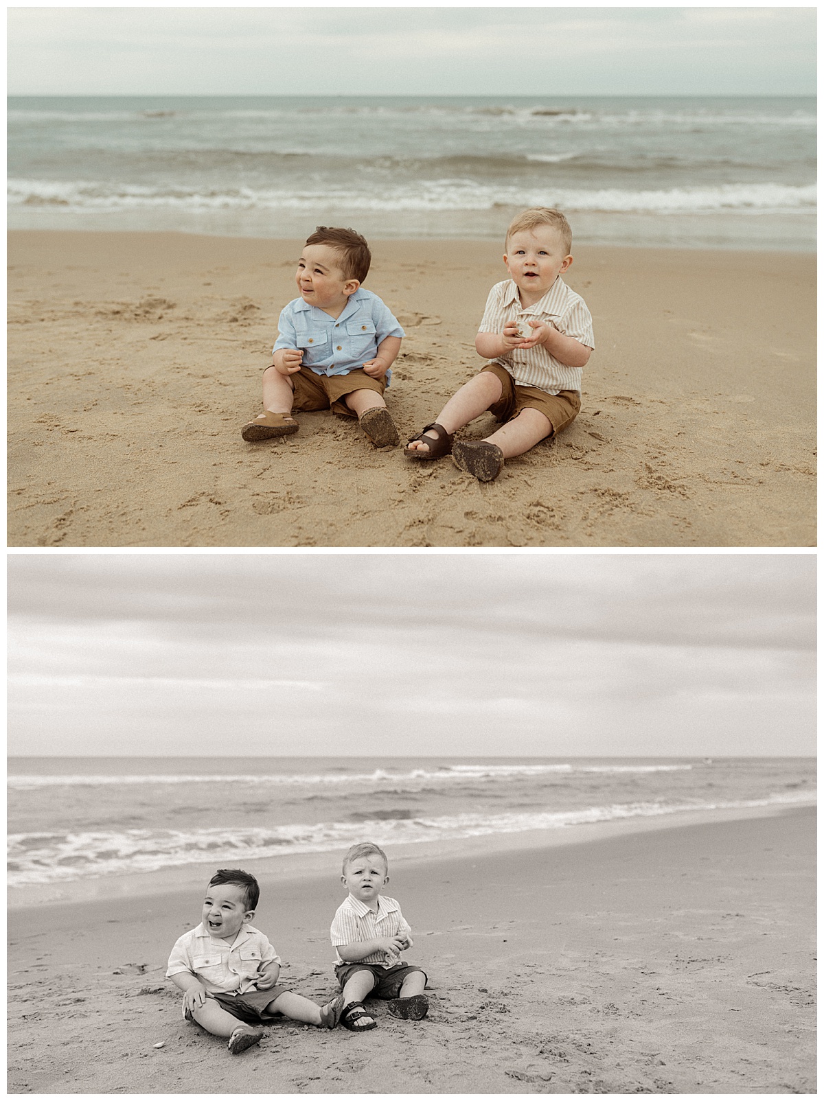 cousins play in the sand together by Virginia Beach photographer
