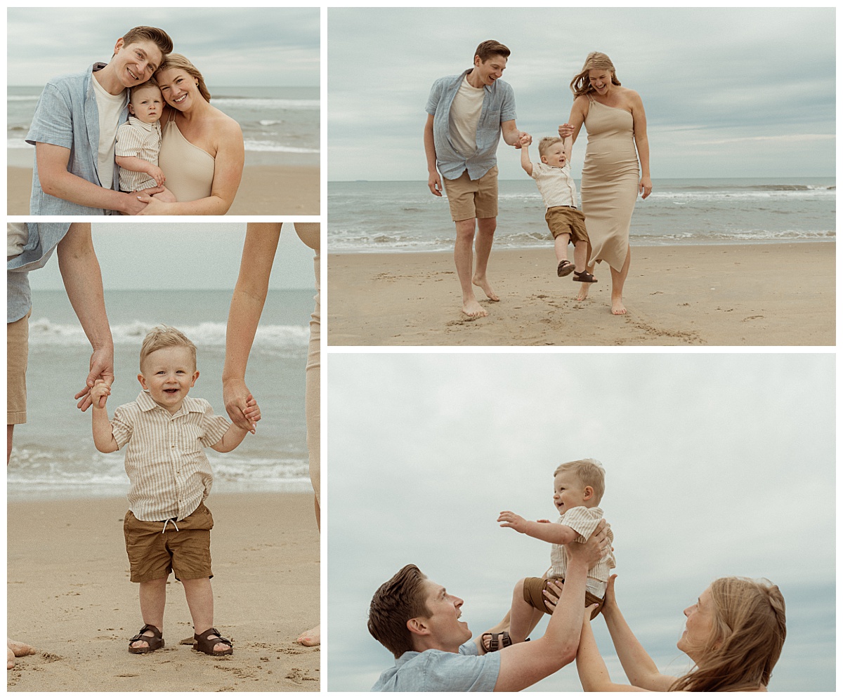 man and woman swing son through the air at extended family session
