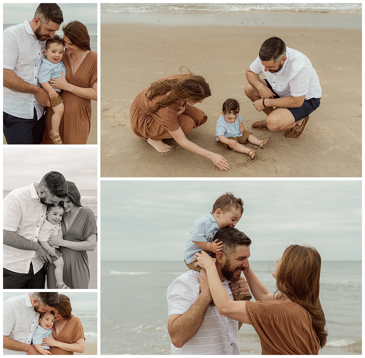 parents hug young boy and play with him in the sand by Nikki Meer Photography