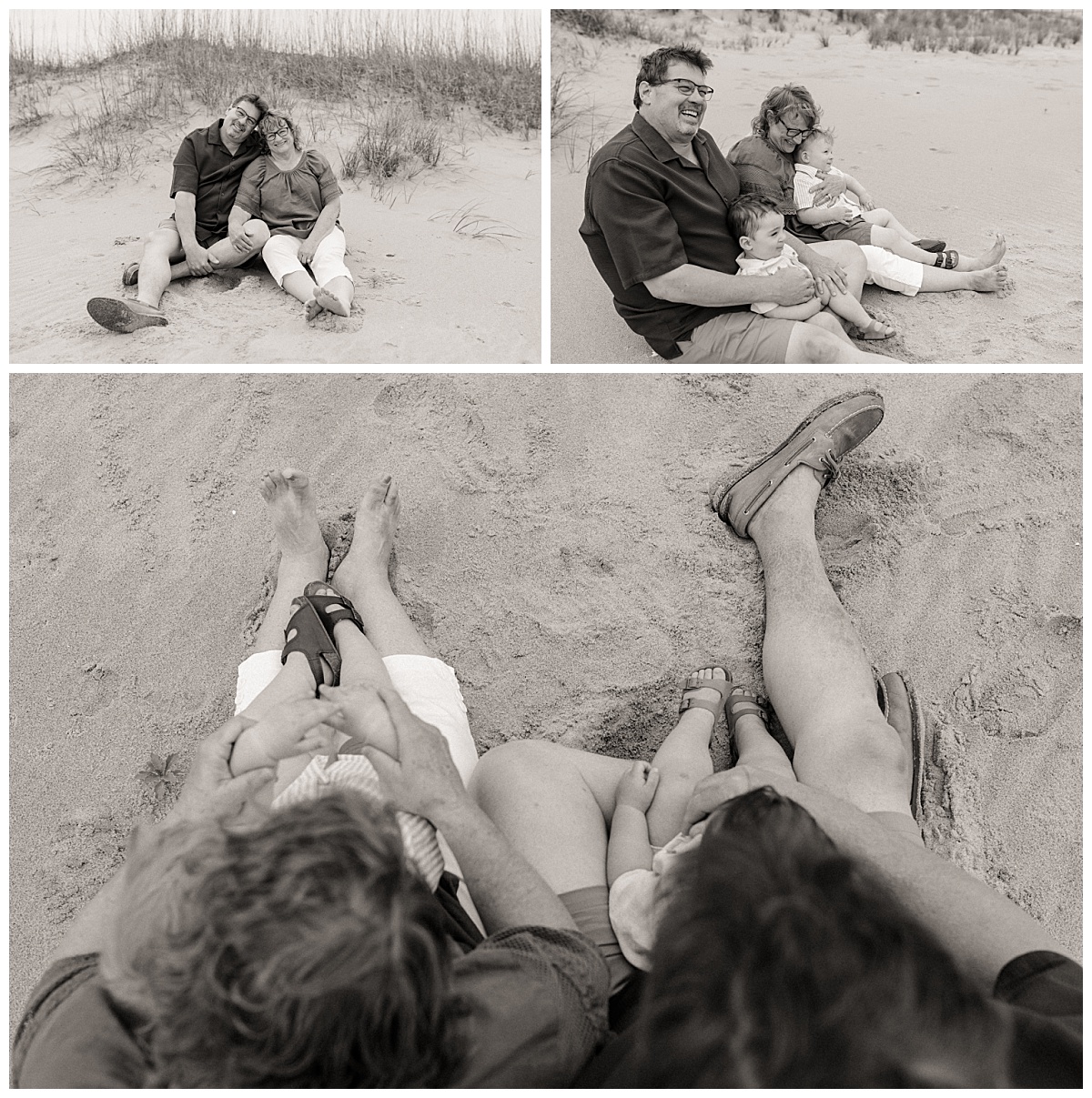 grandparents sit in the sand with grandsons by Virginia Beach photographer