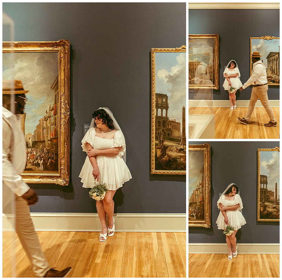 groom walks by bride leaning against wall during wedding portrait session