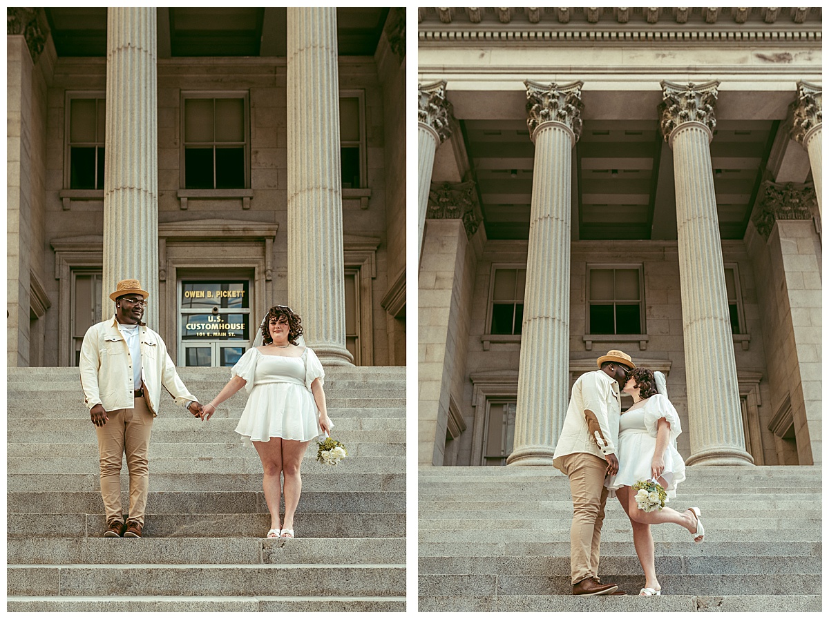 newlyweds hold hands on steps during Virginia Beach photographer