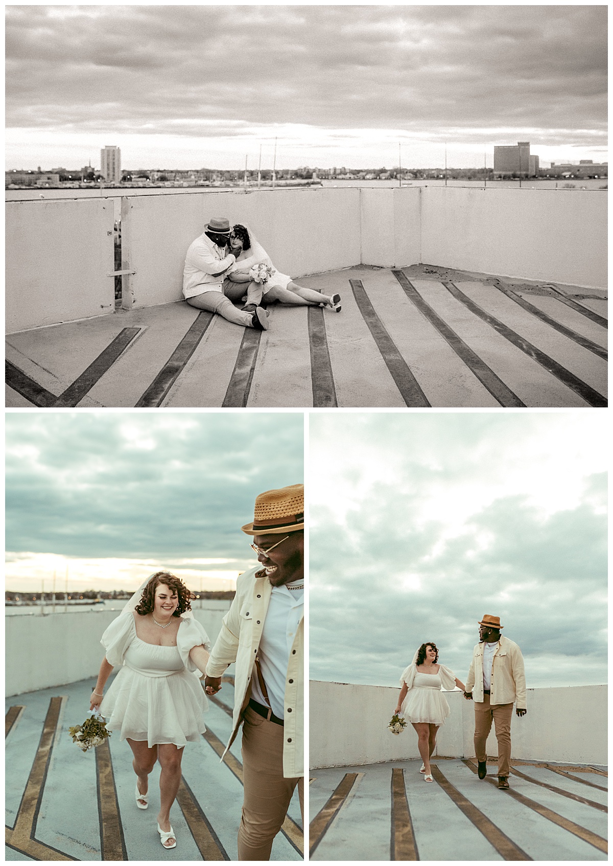 couple holds hands as they walk together on rooftop by Nikki Meer Photography