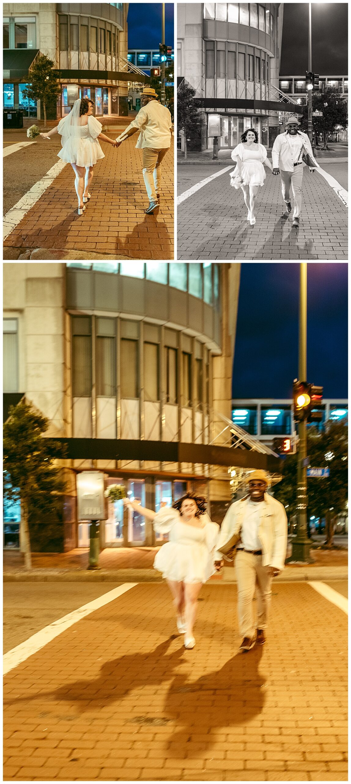newlyweds hold hands as they cross the street during wedding portrait session