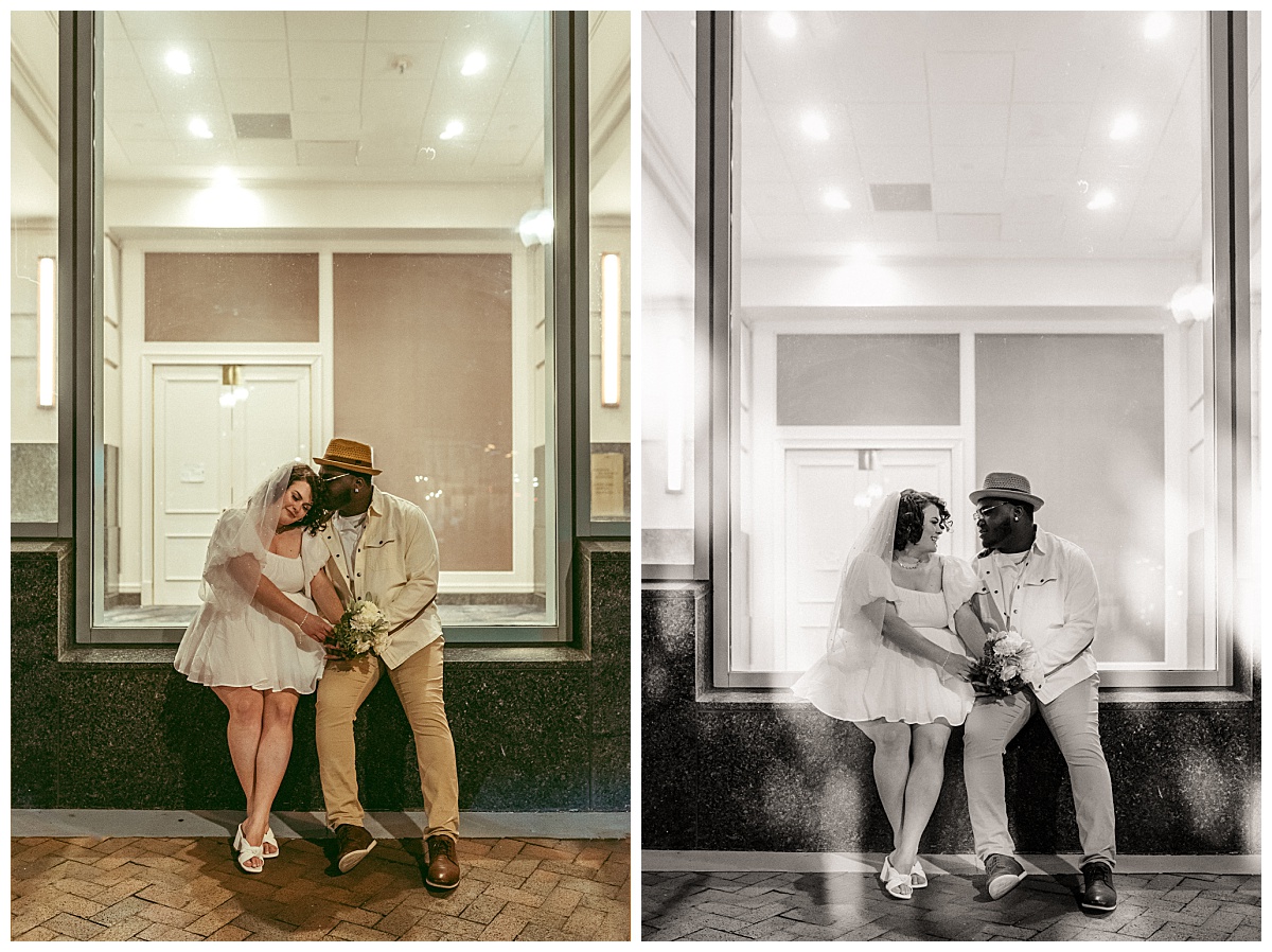 couple sits together on window sill by Virginia Beach photographer