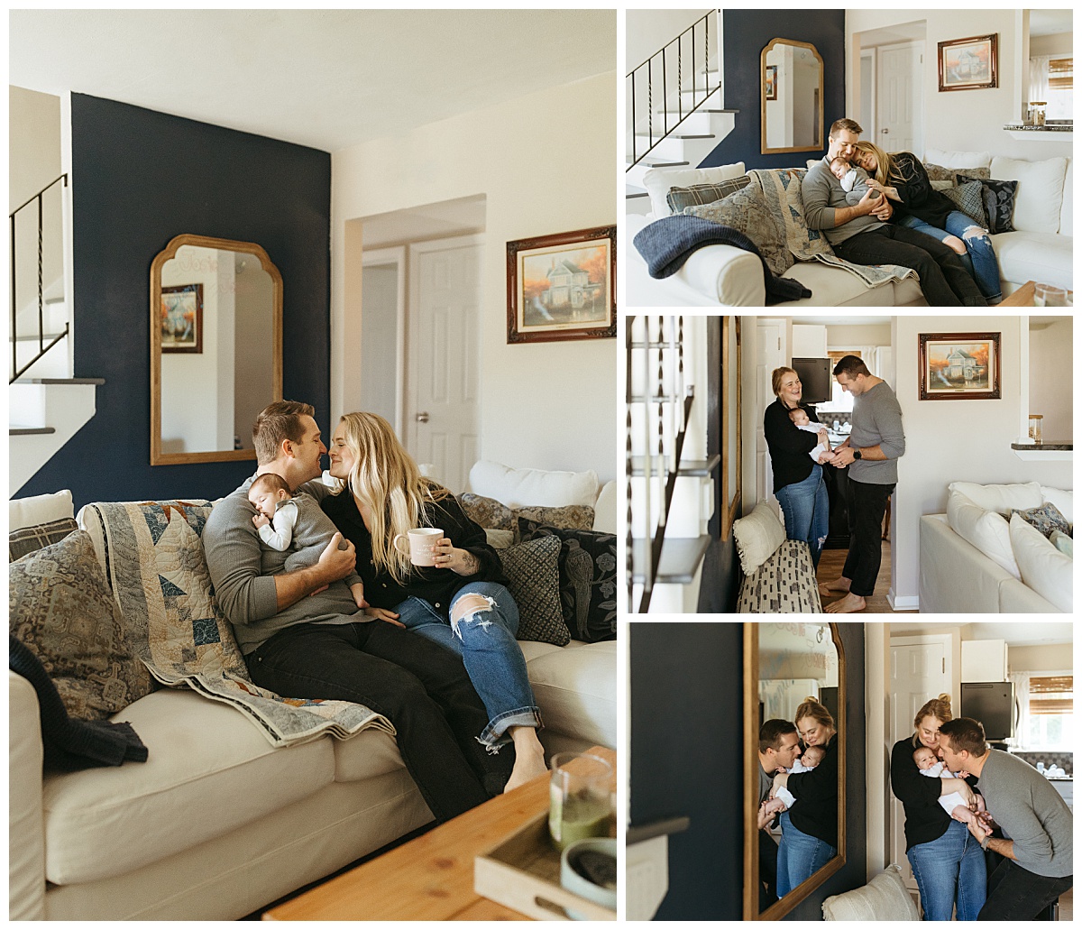 parents snuggle little one in their living room by Virginia Beach Photographer