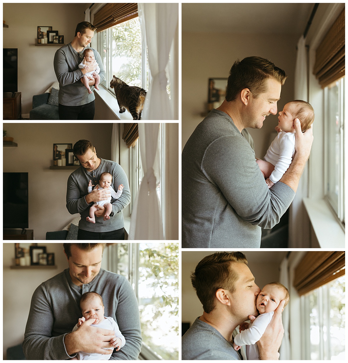 dad holds and snuggles baby in front of bright window to prepare for your in-home newborn session