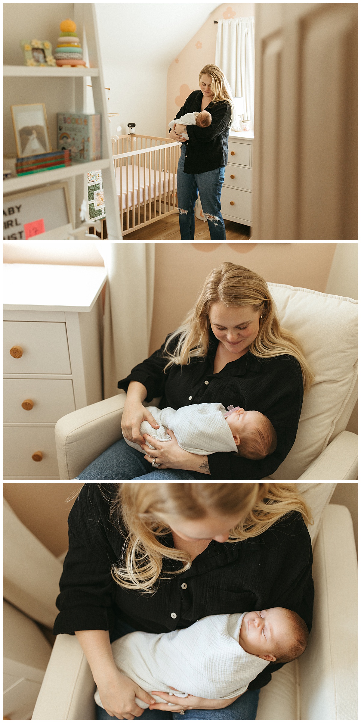 mom holds baby in swaddle to prepare for your in-home newborn session