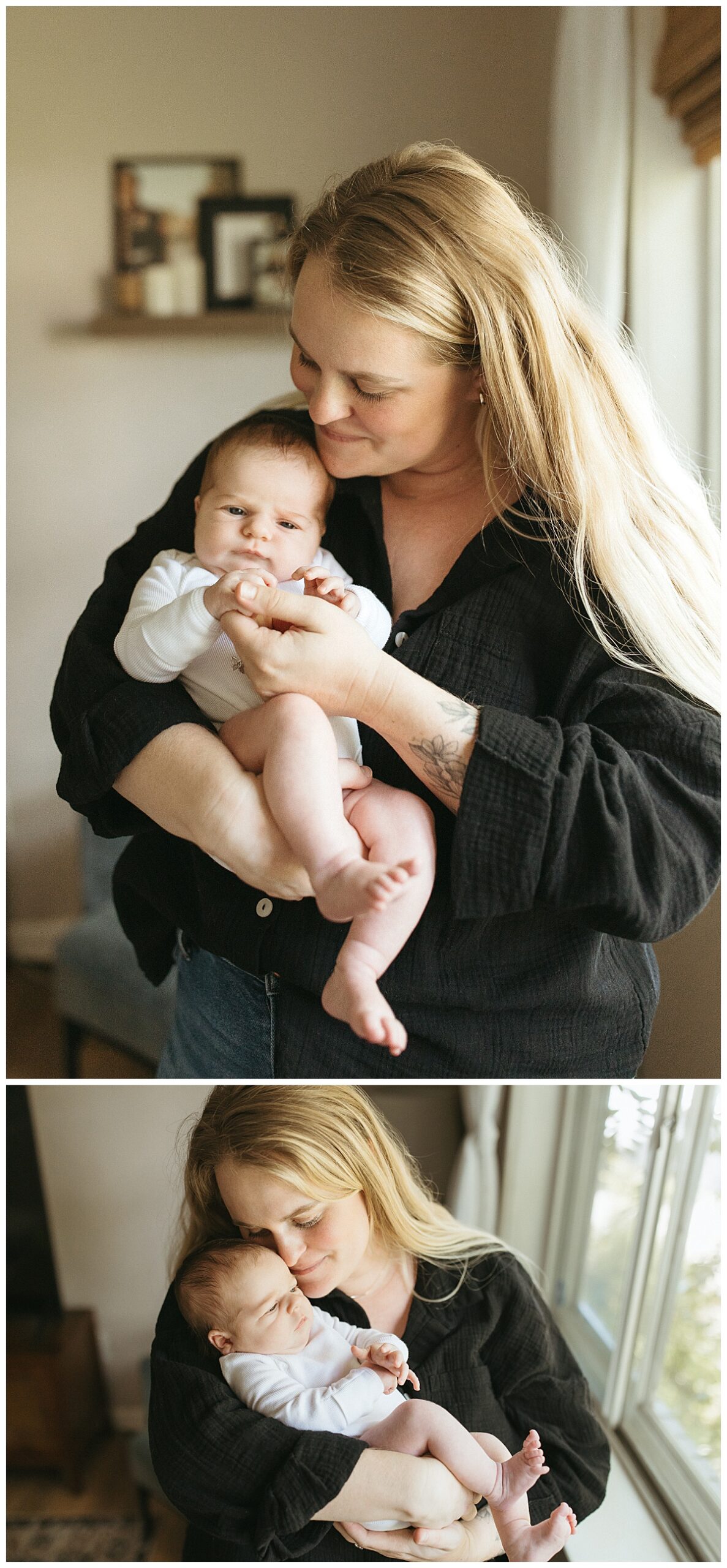 mom snuggles new baby to prepare for your in-home newborn session