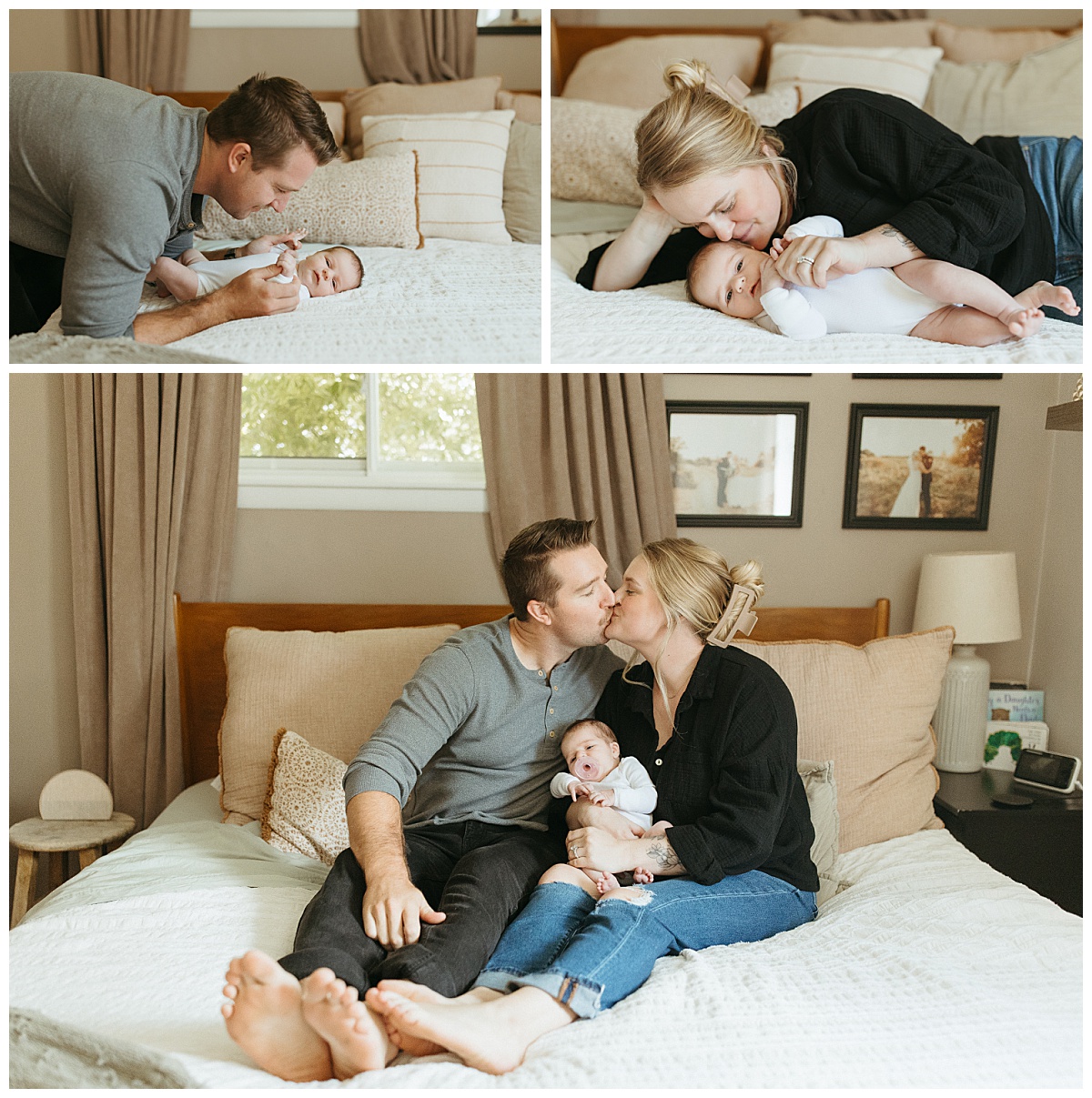new parents cuddle infant in their bed by Nikki Meer Photography