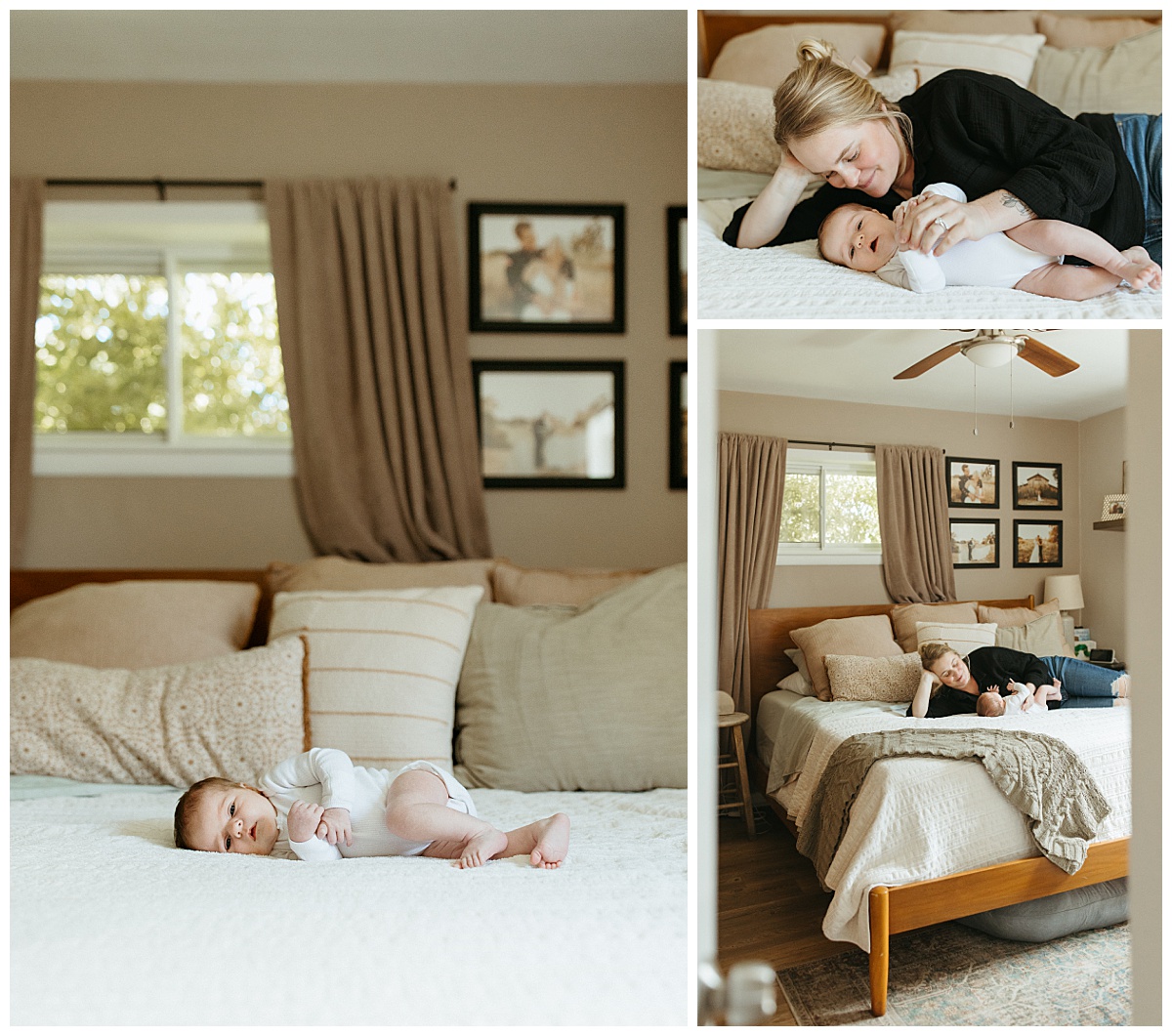 baby and mother lay down on bed to prepare for your in-home newborn session