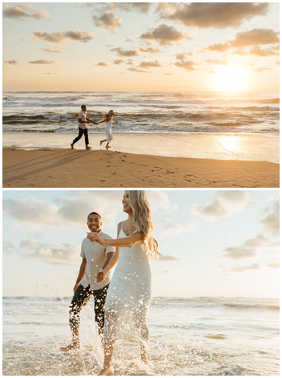 husband and wife hold hands running down the sand by Nikki Meer Photography